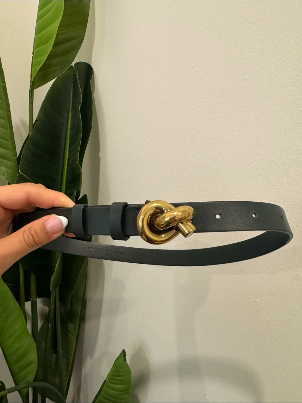 Bottega Veneta Dark Green Leather Belt with Gold Knot Buckle